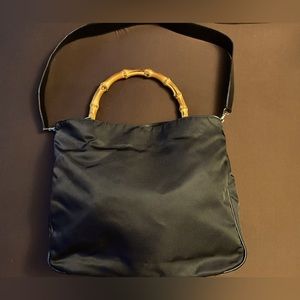 Authentic GUCCI Bamboo 2Way Shoulder Cross Body Bag Nylon Leather Black